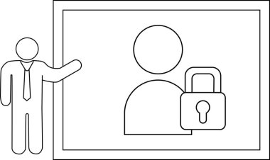 Stick figure presenting a board profile with padlock symbolises privacy