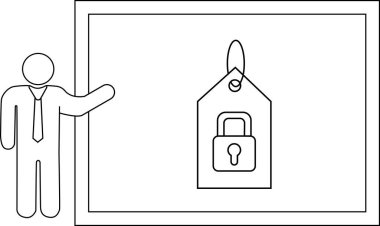 Stick figure points at board Tag with padlock displayed