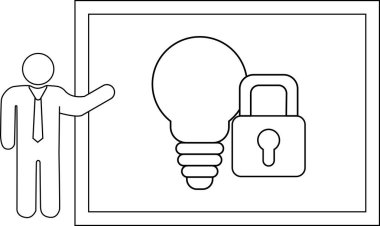 Person presenting a protected idea illustrated as a lightbulb behind a padlock