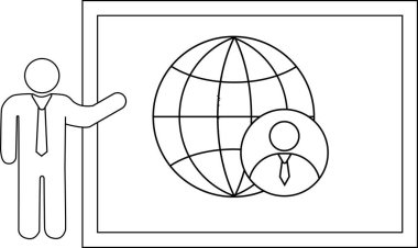 Figure presents globe avatar on display suited tied