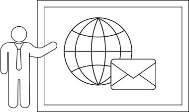 Cartoon figure gesturing to a whiteboard with a globe and envelope