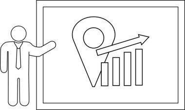 A person gestures at a presentation screen with location graph and upward arrow symbols