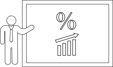 A person presents a chart showing a percentage and rising bar graph