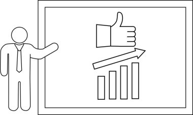 Yukarı doğru bir eğilim gösteren bir beyaz tahta sunumu ve bir çubuk figürü sunar