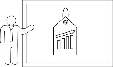 A whiteboard with a price tag and a graph showing growth next to a person in a suit