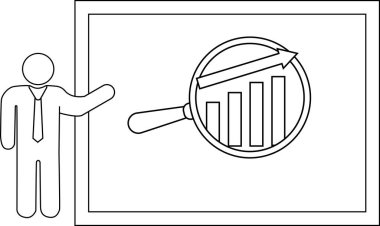 Line art of a presenter pointing to a chart under a magnifying glass on a whiteboard