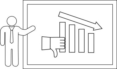 Düşen bir çubuk grafiği, düşük performansı gösteren bir aşağı doğru ok ve bir baş parmak işareti ile sunar