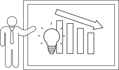 A stick figure giving a presentation with downward trend arrow light bulb graphic