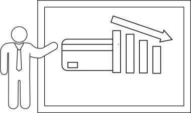 Line drawing stick figure presents a chart of falling bar graphs a credit card and a declining arrow