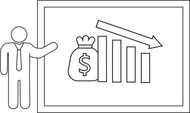 Man presenting falling bar graph money bag downward arrow on whiteboard