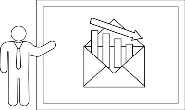 Person gesturing to whiteboard showing graph in open envelope with down arrow