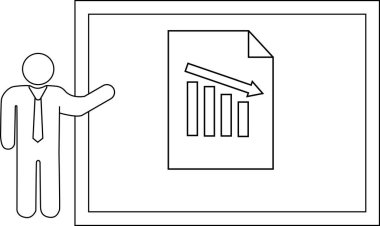A person pointing to a chart with a downward trend on a presentation board