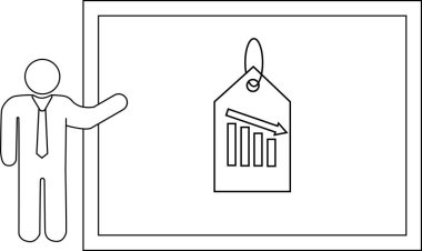 A stick figure presents a chart on a price tag showing a declining graph