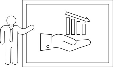 Çubuk kafalı bir işadamı ekranda bir el ele tutuşma grafiği sunar.