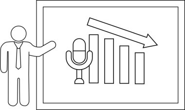 Line drawing presenter gesturing to board with graph downward arrow and microphone