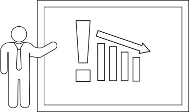 Line drawing person presenting falling bar graph exclamation point on board
