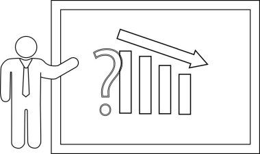 Stick figure presenting a chart showing downward trends represented by question mark and arrow