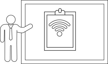 A person points at a board with a WiFi symbol on it