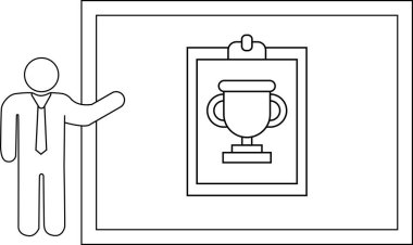 A stick figure in a tie gestures to a framed trophy image on a board