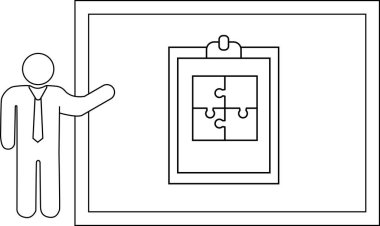 Stick figure presents a clipboard with 4 puzzle pieces on a whiteboard