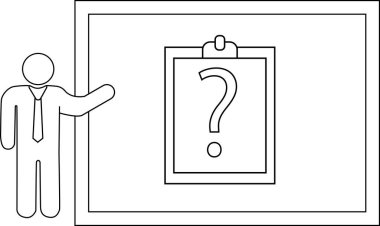 Stick figure presenter gestures to a question mark on a clipboard within a framed area