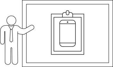 Stick figure presents smartphone on whiteboard standing left