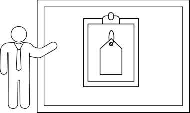 Stick figure presents a price tag on a board