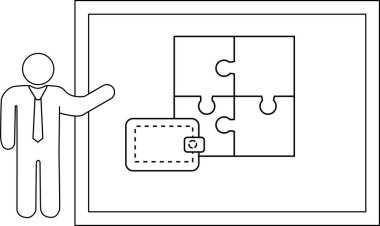A person presenting a puzzle and an item on what looks like a whiteboard