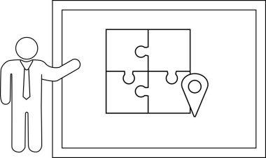 A person gestures toward a framed jigsaw puzzle and location pin icon