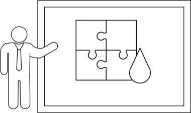 A person presents a board showing a fourpiece jigsaw puzzle and a water drop