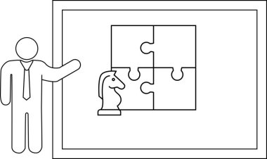Bir kişi, dört parçalı yapbozun yanında satranç tahtası sunar.