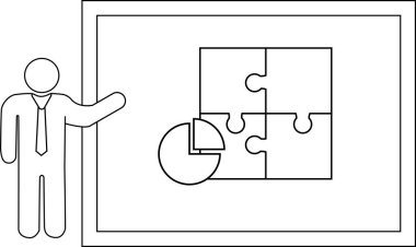 A presenter points to a board displaying a puzzle with a missing piechart piece