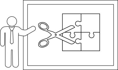Bir çubuk figürü çerçevelenmiş bir resim içinde makas ile kesilen bir bulmacada jest yapar