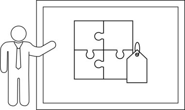 A stick figure gestures toward a framed puzzle with a tag