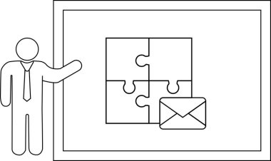 A stick figure points to a framed image of a puzzle and an envelope
