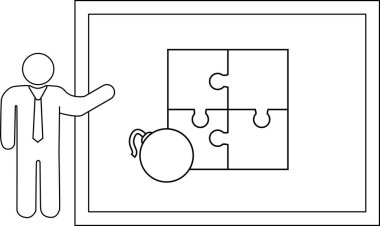 A stick figure presents a fourpiece puzzle with a teapotshaped object on a white background
