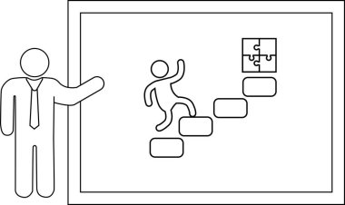 A stickfigure presents a diagram of another figure climbing steps towards a puzzle