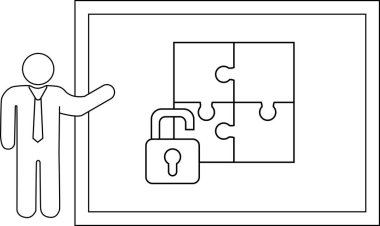 A stick figure presents a whiteboard showing a puzzle and a lock