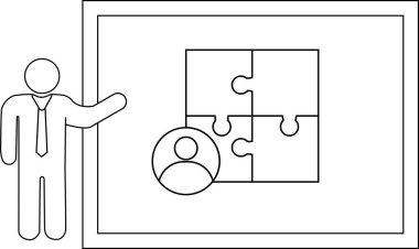 Line art shows a man pointing at a board displaying puzzle pieces and a head icon