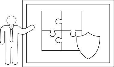 Line art shows a person presenting puzzle pieces a shield on a framed display