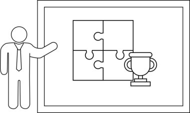 Line art stick figure presents jigsaw trophy on frame indicating success via teamwork