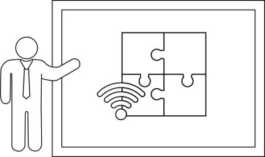 Man presents a diagram of four puzzle pieces with a wifi symbol on a framed board