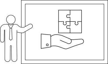Adam bir bulmaca parçası sunar. Çözüm elini kaldırır. Bir tahta sahneyi çerçeveler.