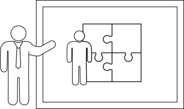 Çift köşeli dikdörtgen içinde bir yapbozun yanındaki kişiyi gösteren bir kravatla çizim yapan kişi.