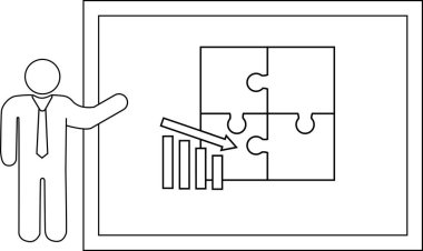 Person presenting on a screen with puzzle pieces a graph and a falling arrow
