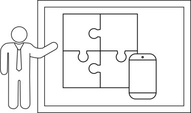 Presentation of a fourpiece puzzle next to a phone by a figure in a suit
