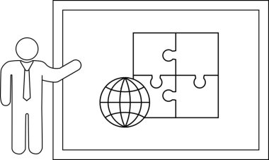 Presentation with a person pointing at a board showing a globe a 4piece puzzle