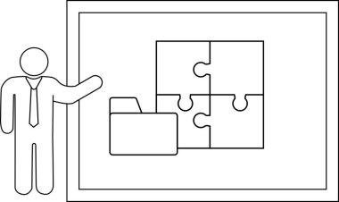 Presenter with a presentation of a folder and a fourpiece puzzle on a screen