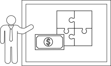 Stick figure points to a presentation of money and puzzle pieces in a frame