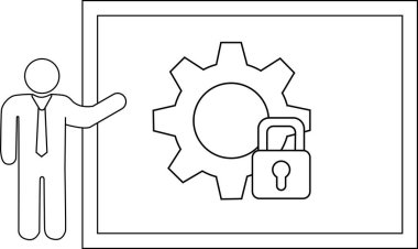 A person gestures to a frame with a gear and padlock indicating secure machinery